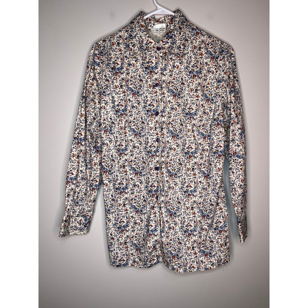 1970s Ample Togs California Orange Blue Bitty Floral Disco Dagger Collar Shirt L